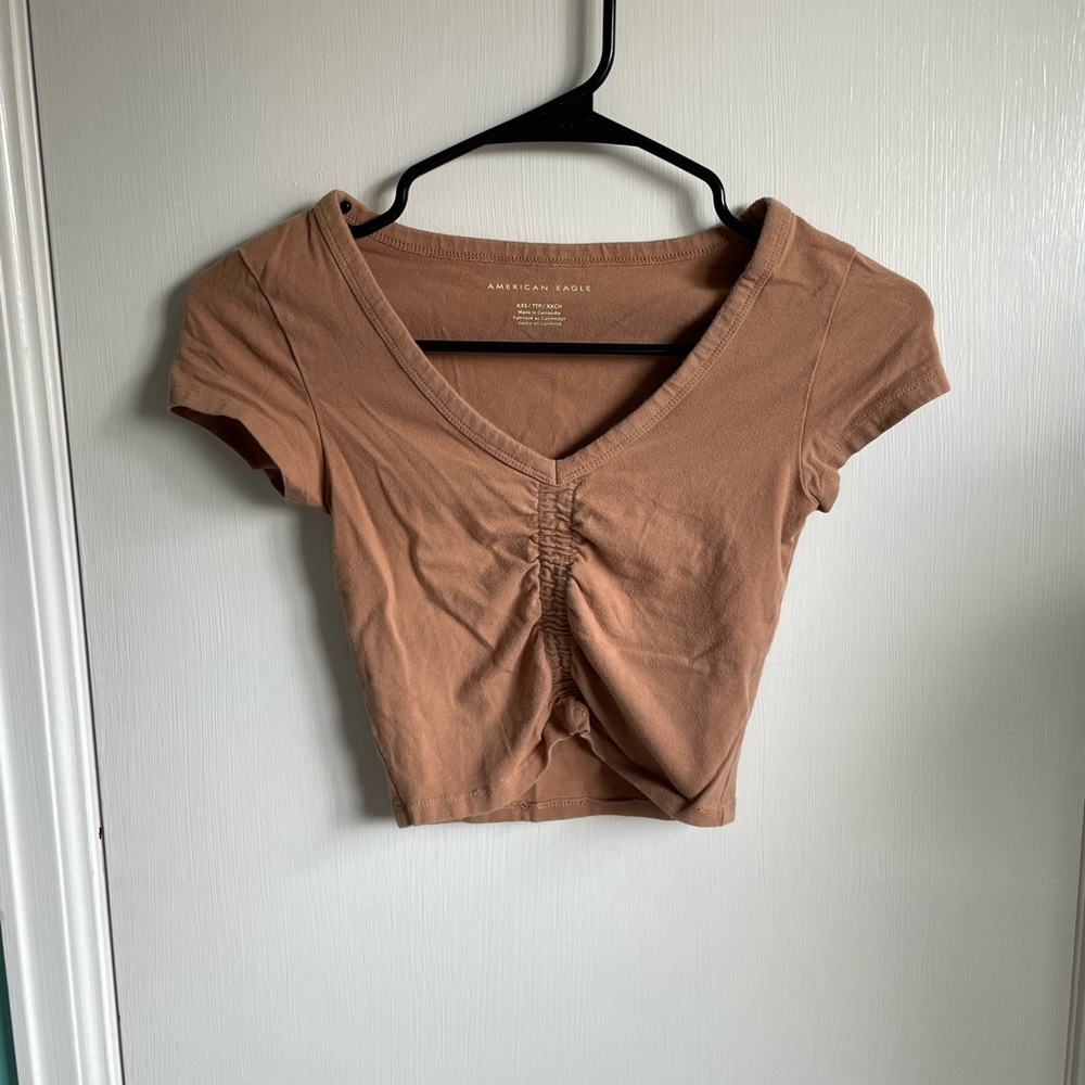 American Eagle Outfitters Tan Ruched V-Neck Crop Top